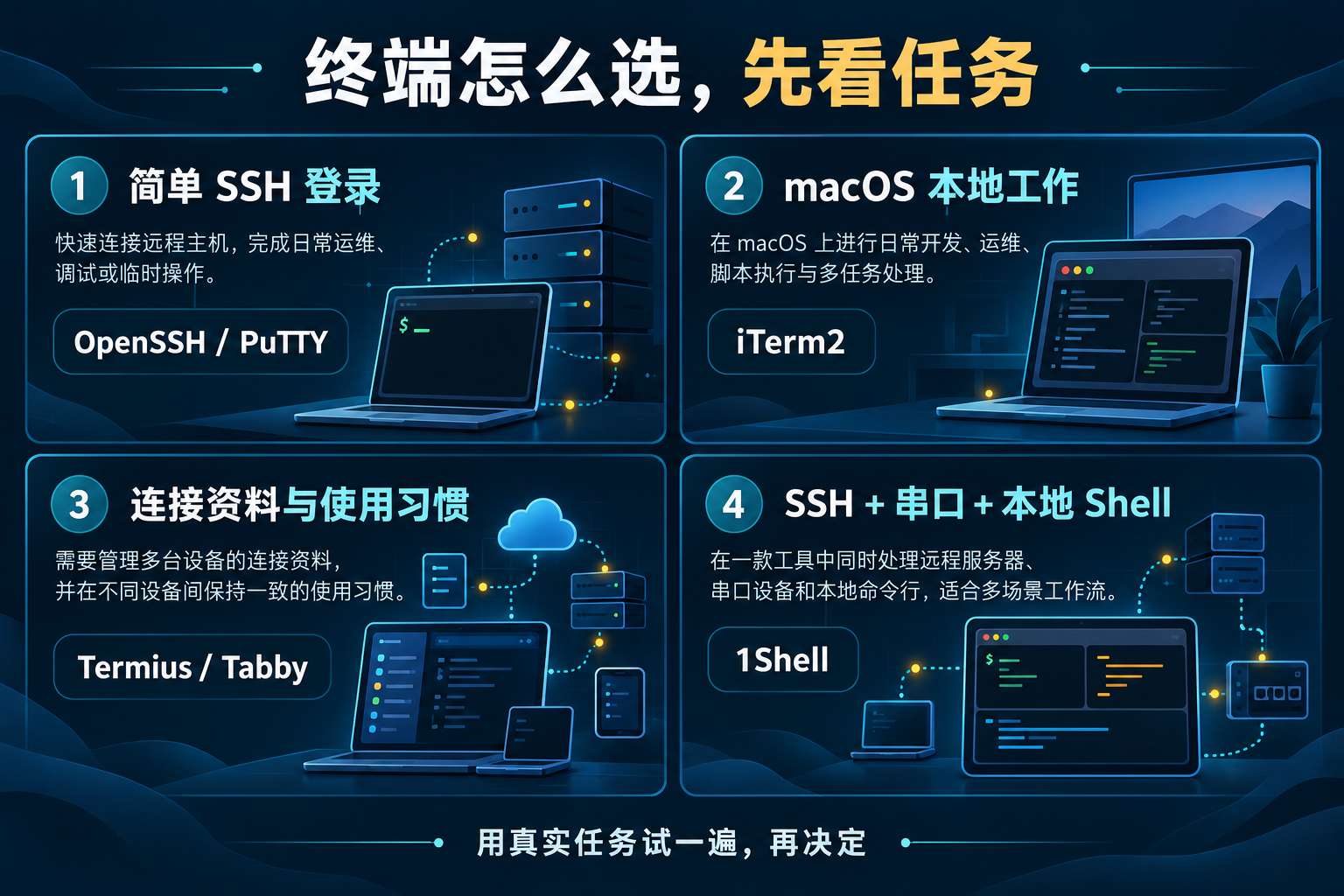 OpenSSH、PuTTY、iTerm2、Termius、Tabby 与 1Shell 的终端选型场景