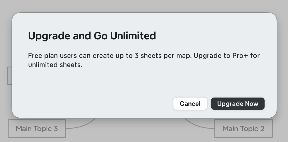 A prompt stating that the free plan allows up to three sheets per map